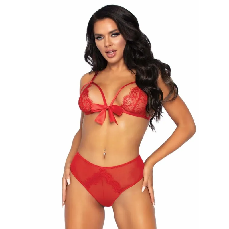 2 Pc. Lace Bralette and Ribbon Tie Crotchless  Panty - One Size - Red