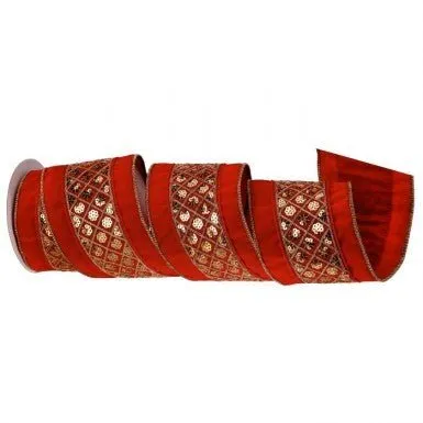 4" Diamond Pattern Sequin Velvet Ribbon: Red/Gold - 5yds