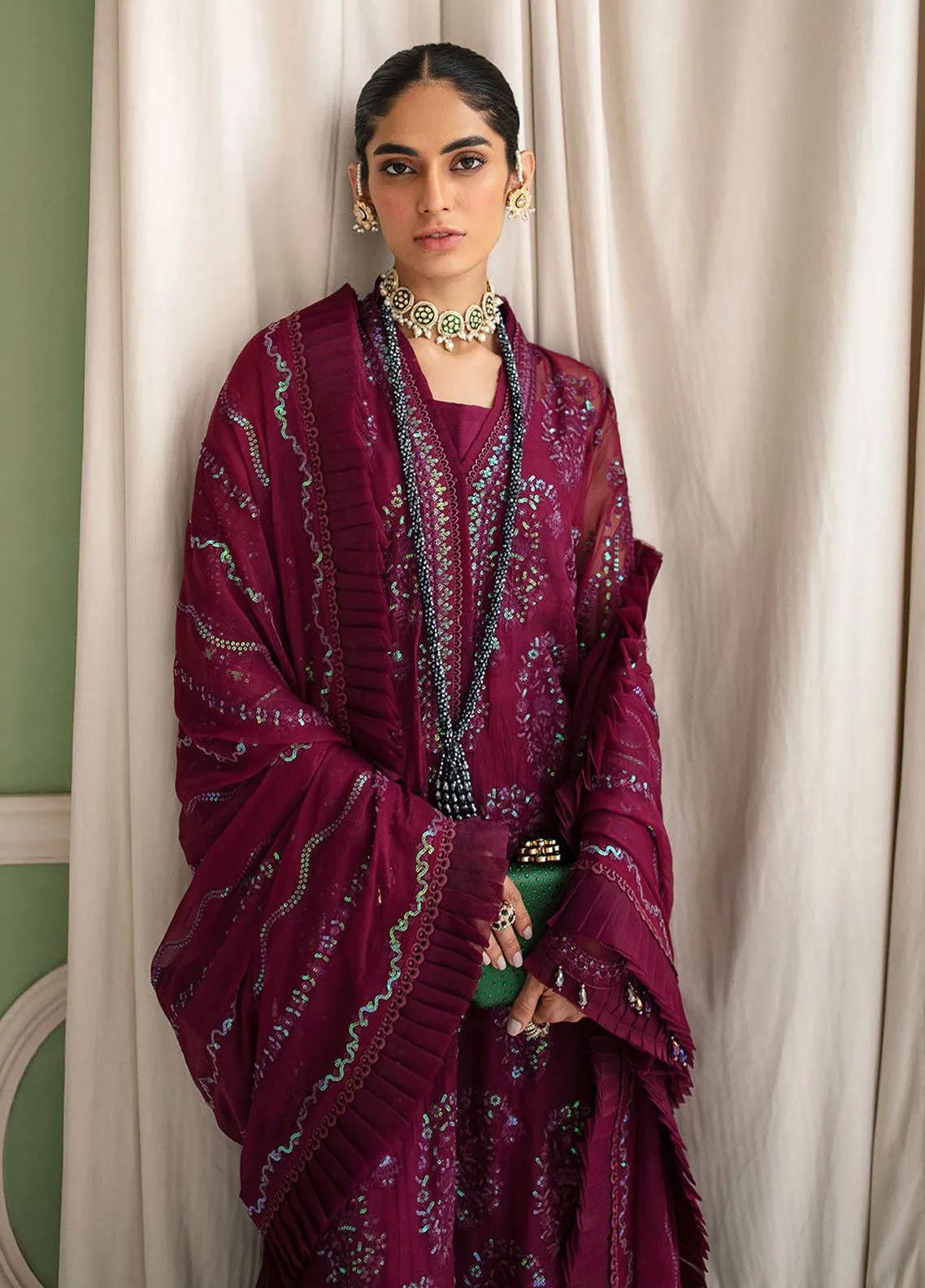 Afrozeh La Fuchsia Embroidered Chiffon Unstitched 3 Piece Suit - 10