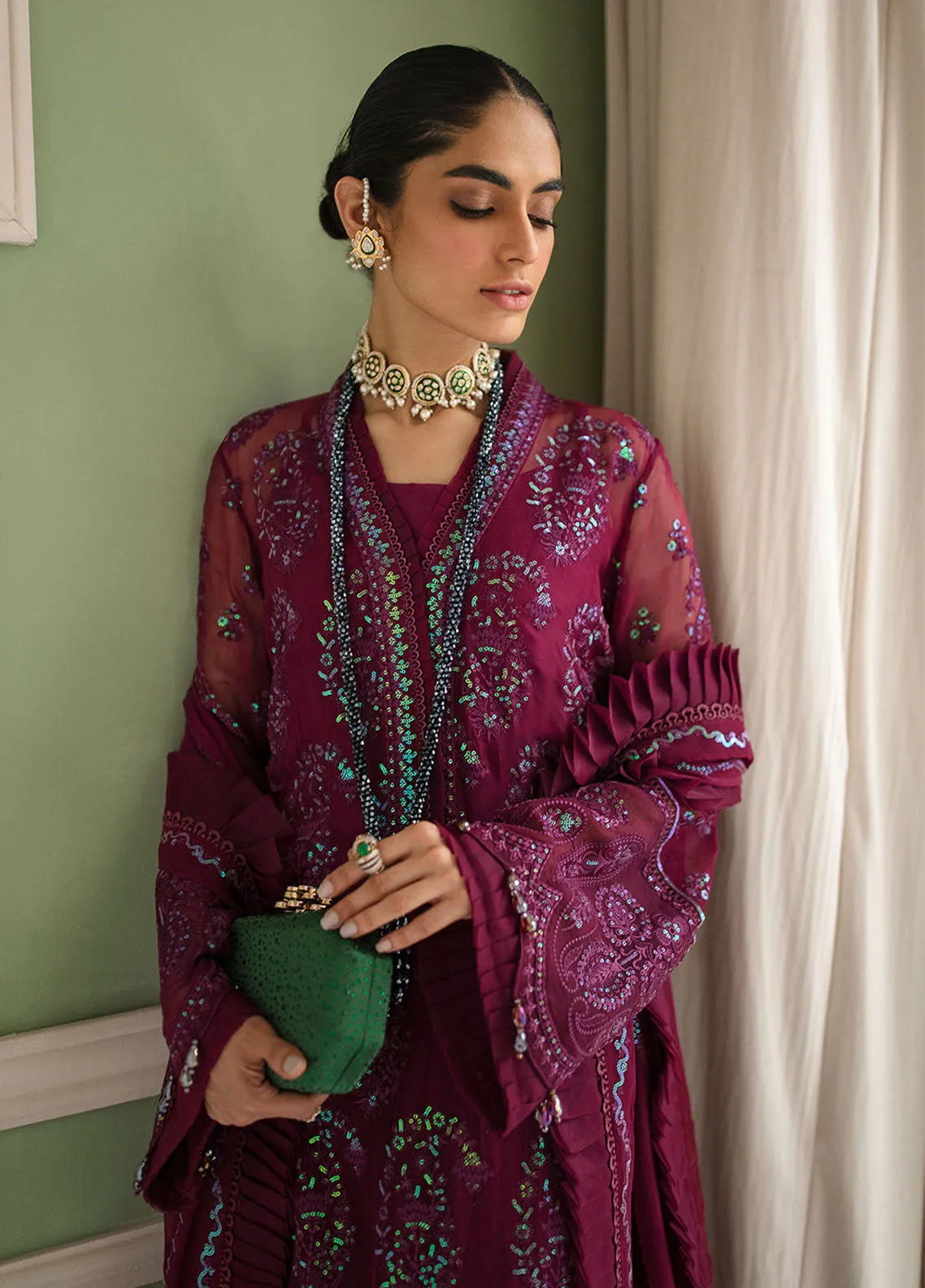 Afrozeh La Fuchsia Embroidered Chiffon Unstitched 3 Piece Suit - 10