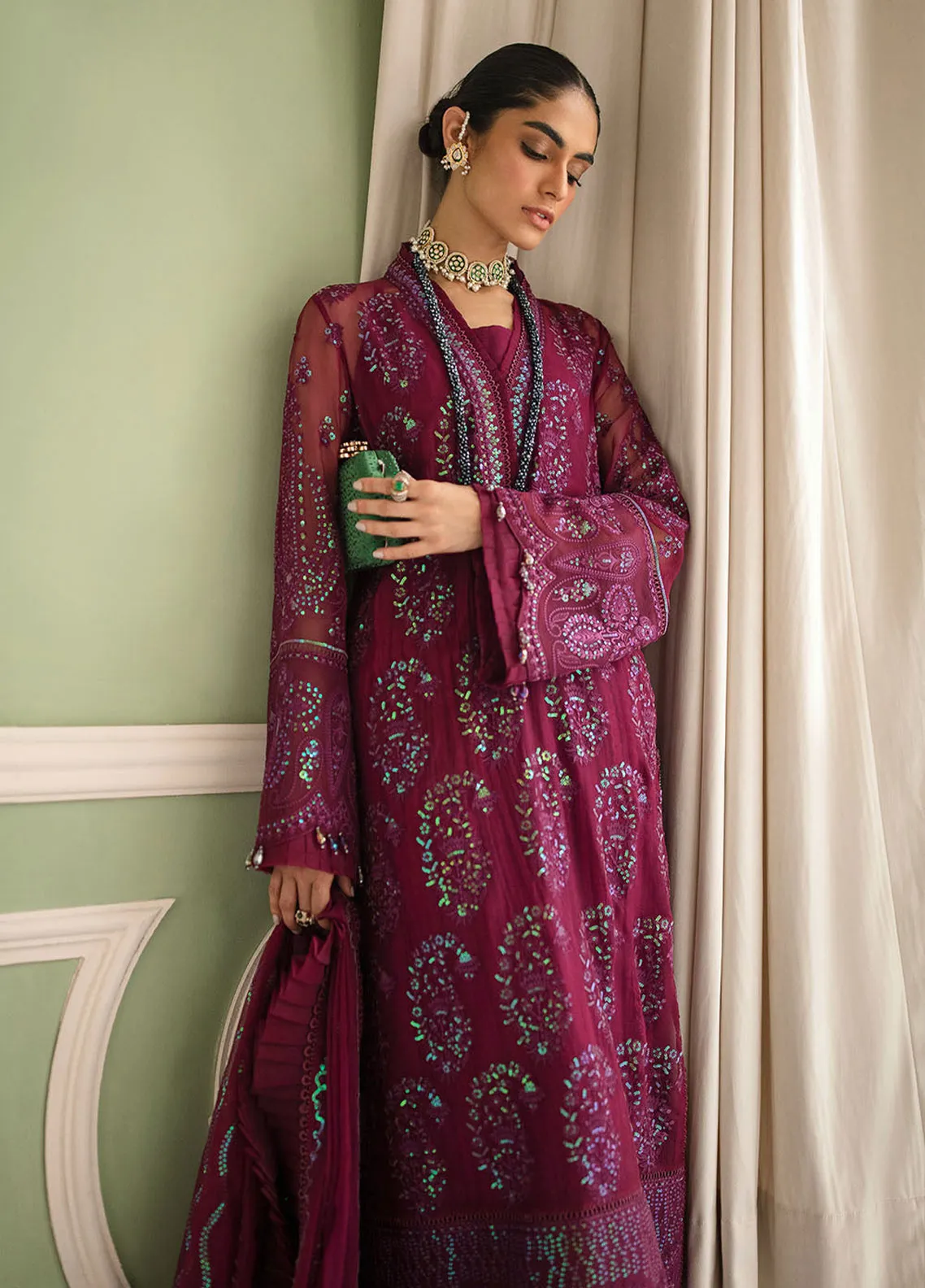 Afrozeh La Fuchsia Embroidered Chiffon Unstitched 3 Piece Suit - 10