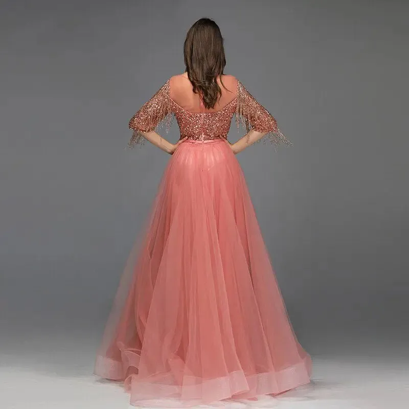 AIZA - Tassel Beading Gown In Rose Gold