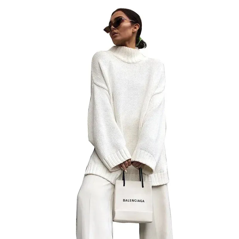 Autumn Winter Women's Turtleneck Pullover Loose Jacket White Coat Streetwear Warmth Sweater