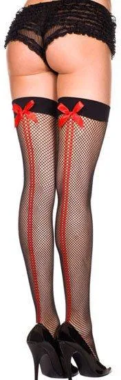 Black Fishnet Thigh Hi with Red Bows (OS)