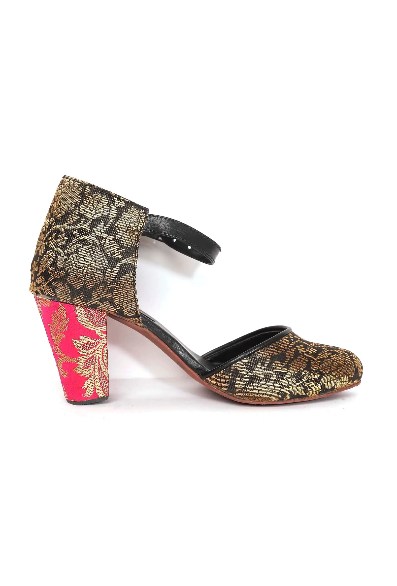 Blue Brocade with Pink Brocade Block Heels