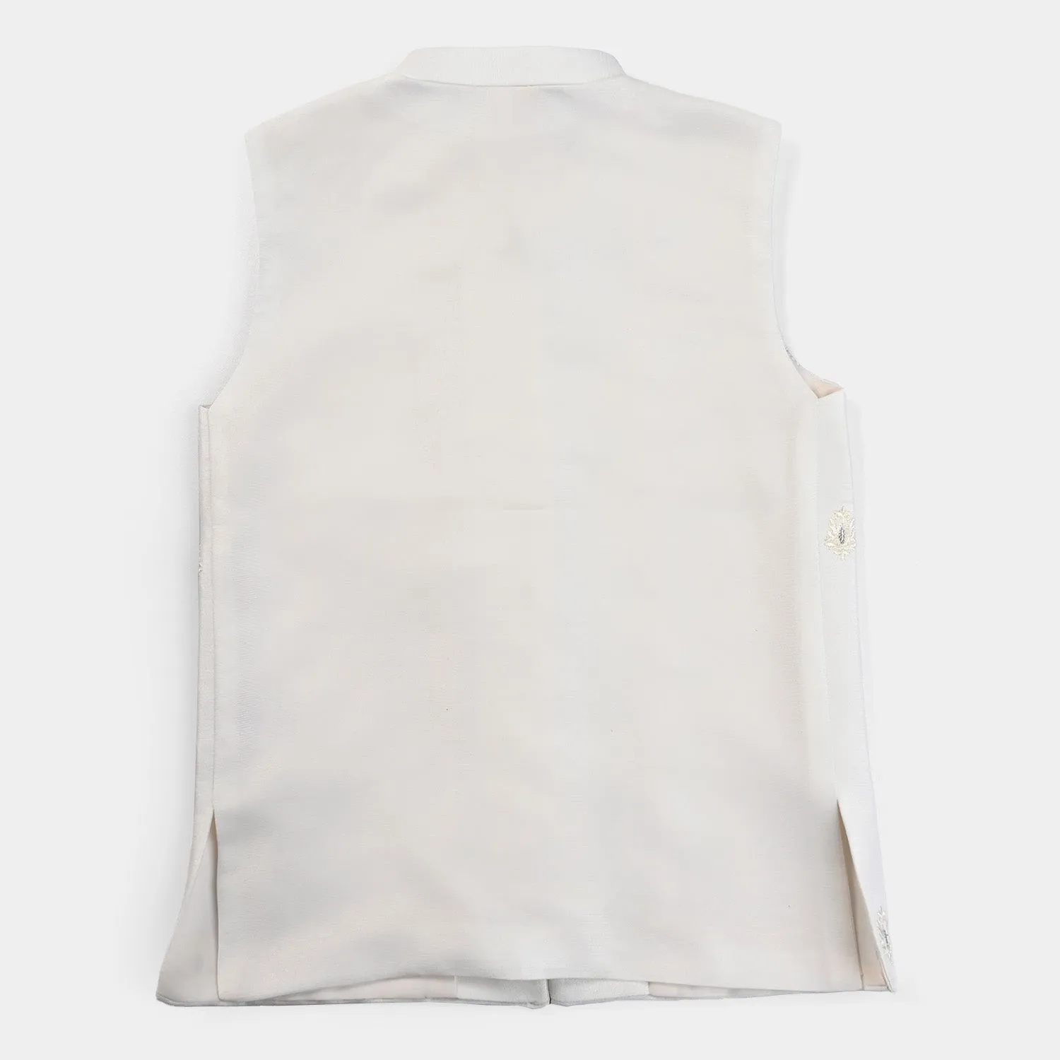 Boys Raw Silk Embroidered Waistcoat-Off White