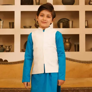 Boys Raw Silk Embroidered Waistcoat-Off White