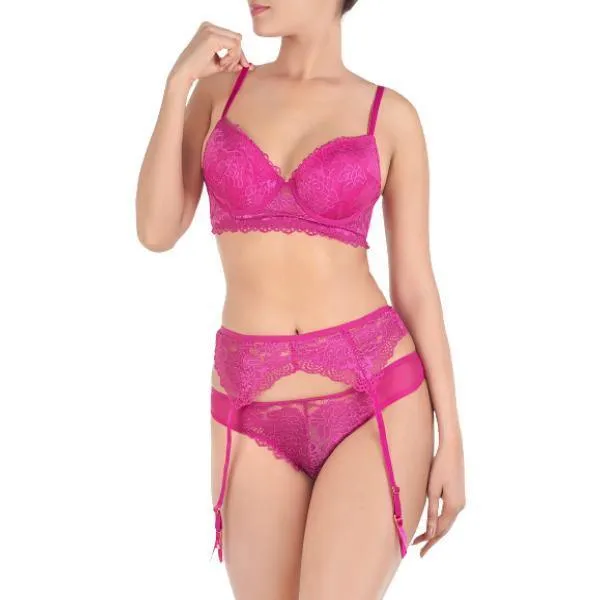 Bra With Garter Belt & Thong-festival Fuchsia For Women