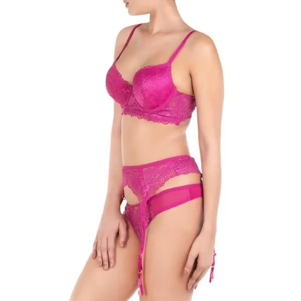 Bra With Garter Belt & Thong-festival Fuchsia For Women