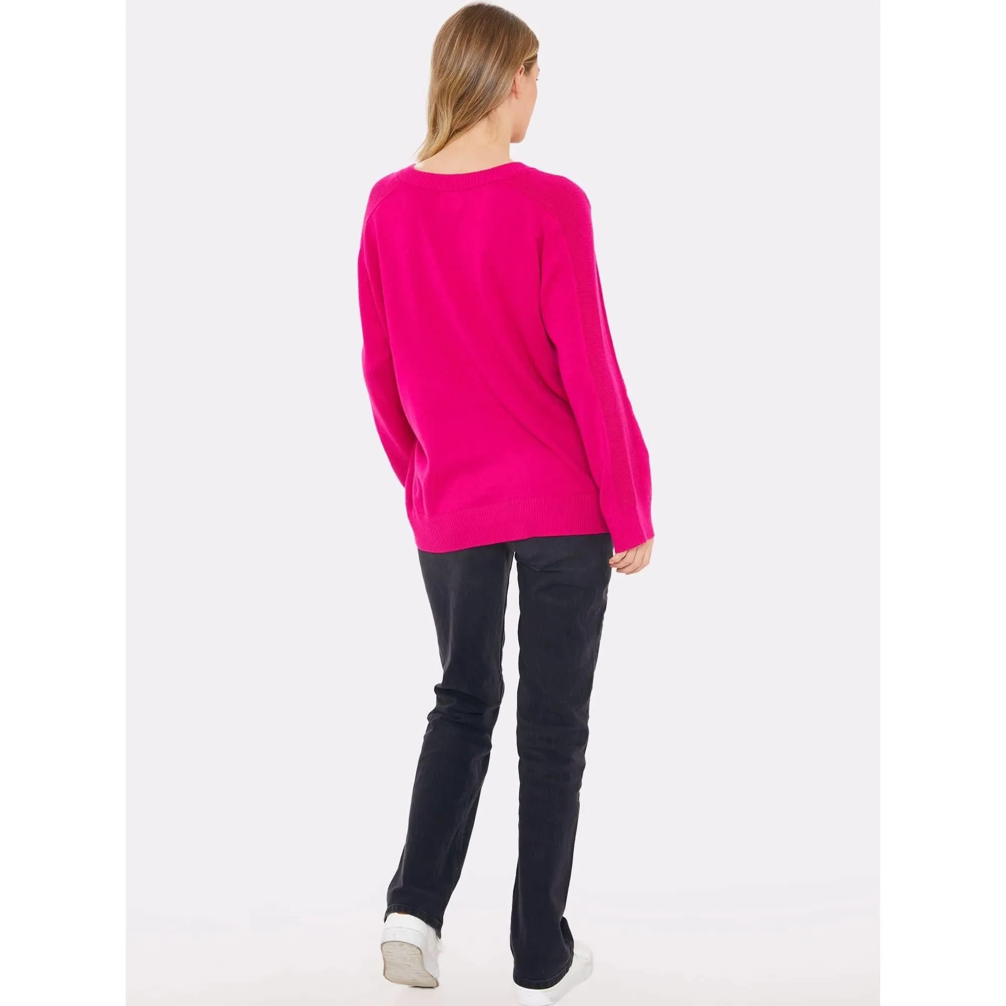 Brodie Cashmere Saddle Shoulder Rib Knit Fuschia