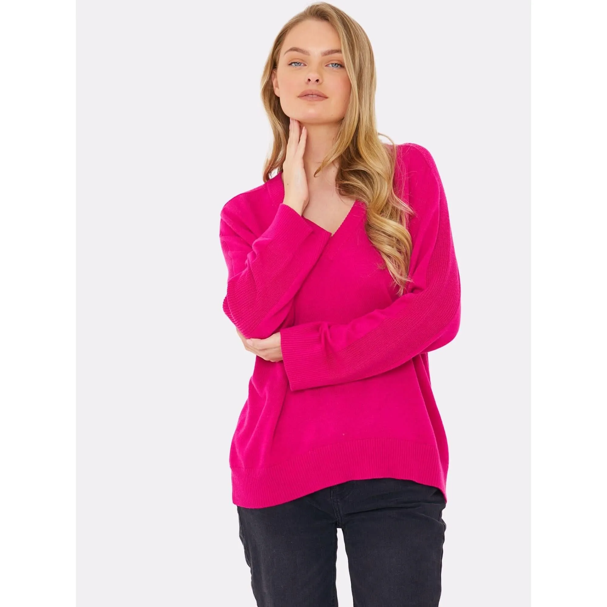 Brodie Cashmere Saddle Shoulder Rib Knit Fuschia