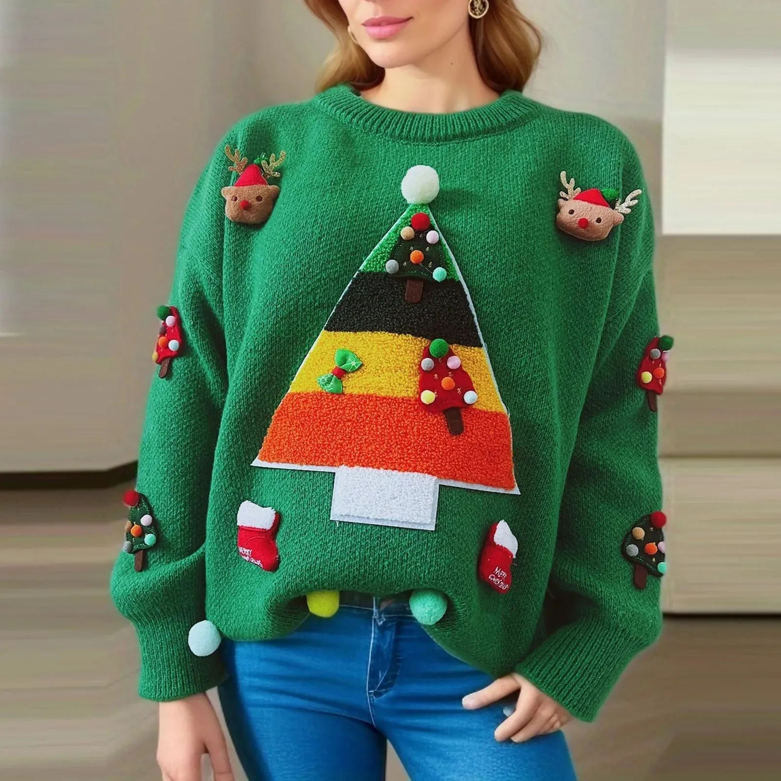 Christmas Tree Jacquard Round Neck Long Sleeve Fleece Christmas Sweater