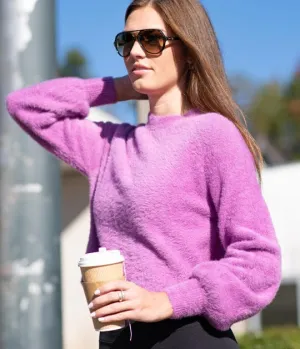 Cropped Feather Knit Sweater - Mulberry