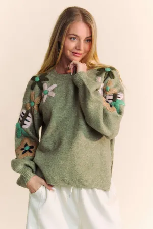 Davi & Dani Solid Color Knit Sweater With Floral Embroidery in Olive Sage