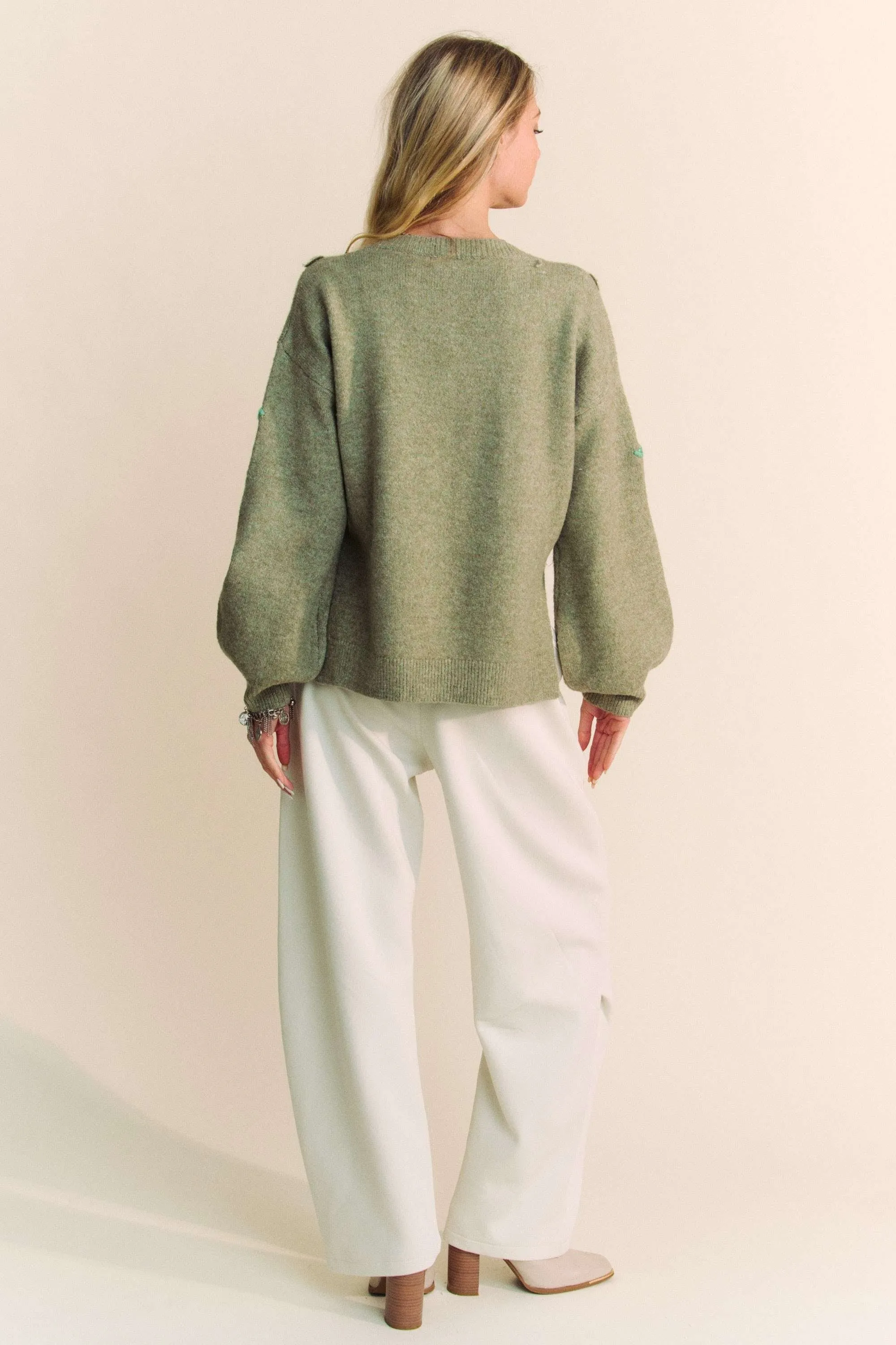 Davi & Dani Solid Color Knit Sweater With Floral Embroidery in Olive Sage