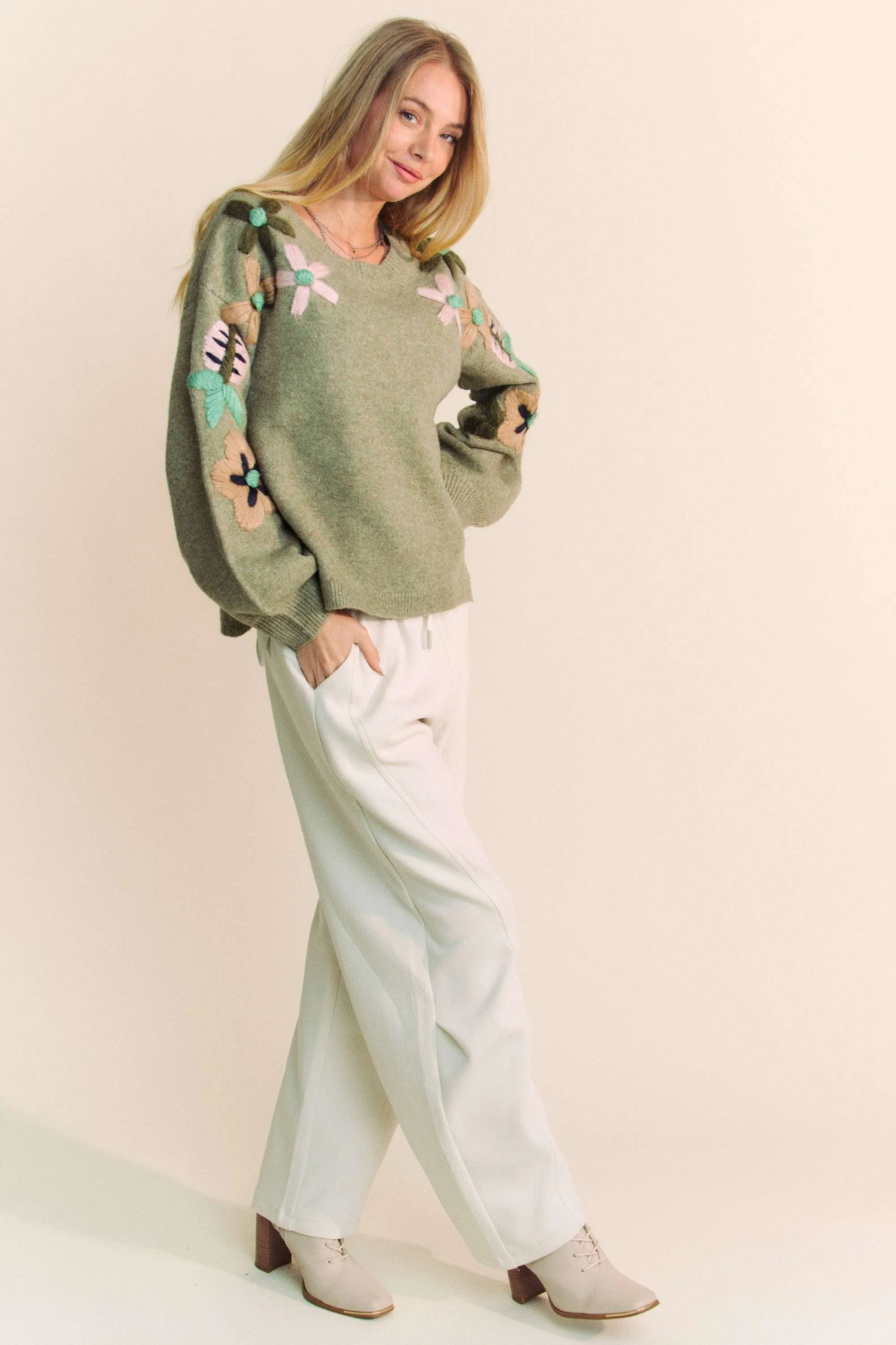 Davi & Dani Solid Color Knit Sweater With Floral Embroidery in Olive Sage