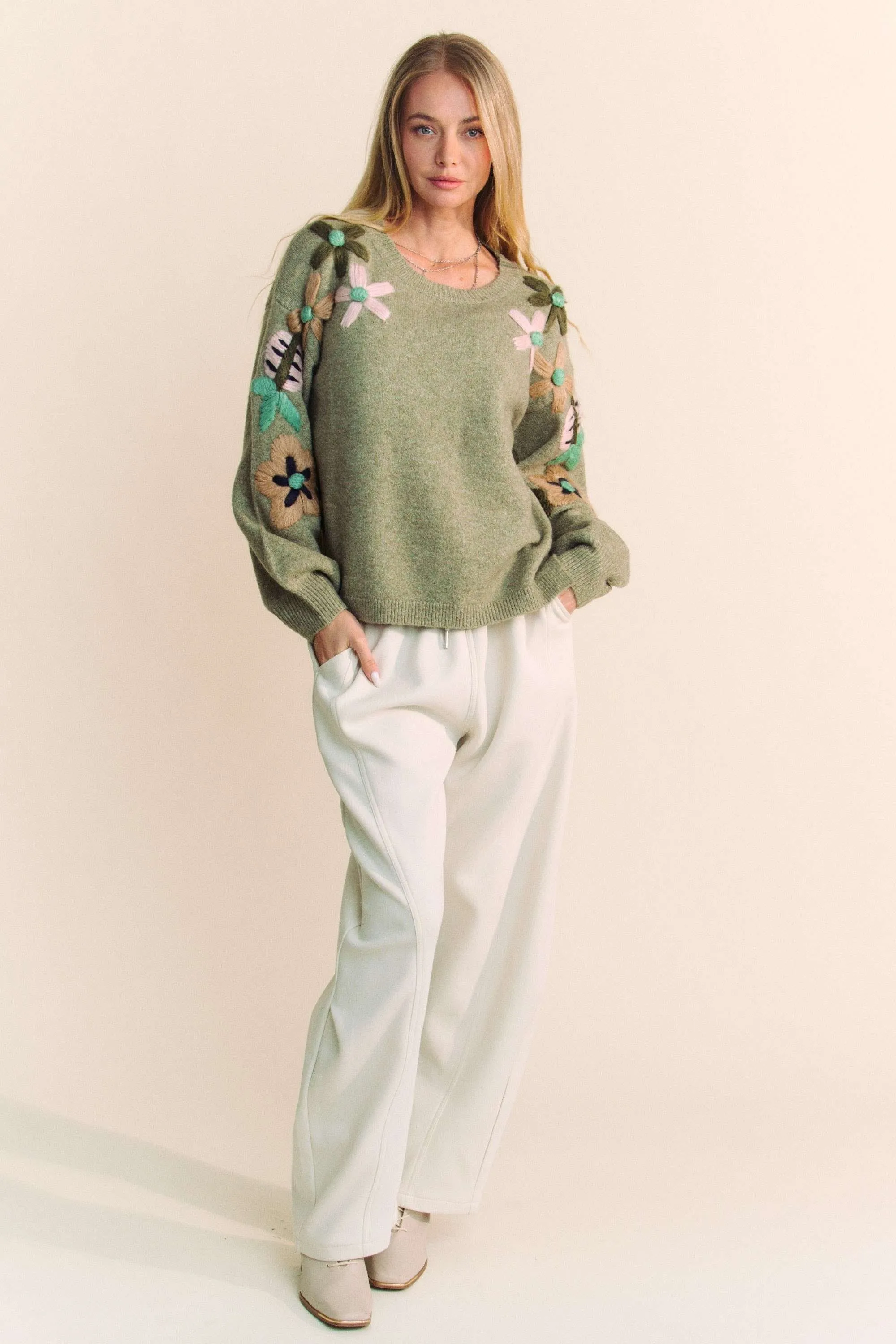 Davi & Dani Solid Color Knit Sweater With Floral Embroidery in Olive Sage