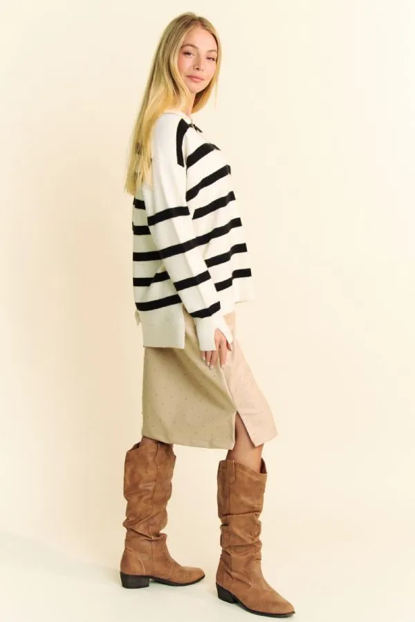 Davi & Dani Striped Loose Fit Collared Sweater in White