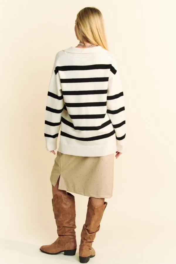 Davi & Dani Striped Loose Fit Collared Sweater in White