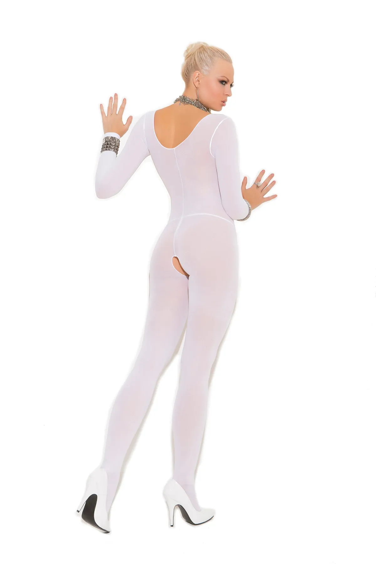 Elegant Moments Opaque Long Sleeve Bodystocking With Open Crotch - Queen Size