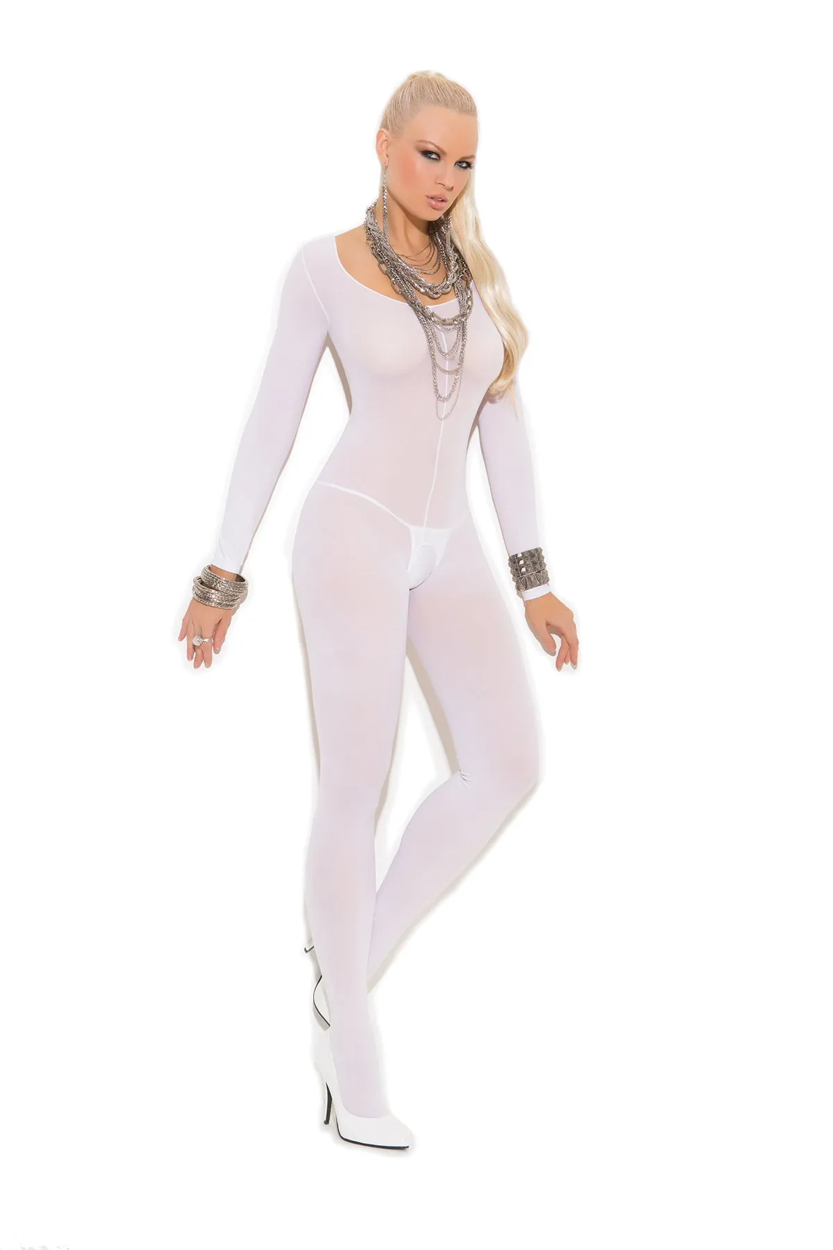 Elegant Moments Opaque Long Sleeve Bodystocking With Open Crotch - Queen Size