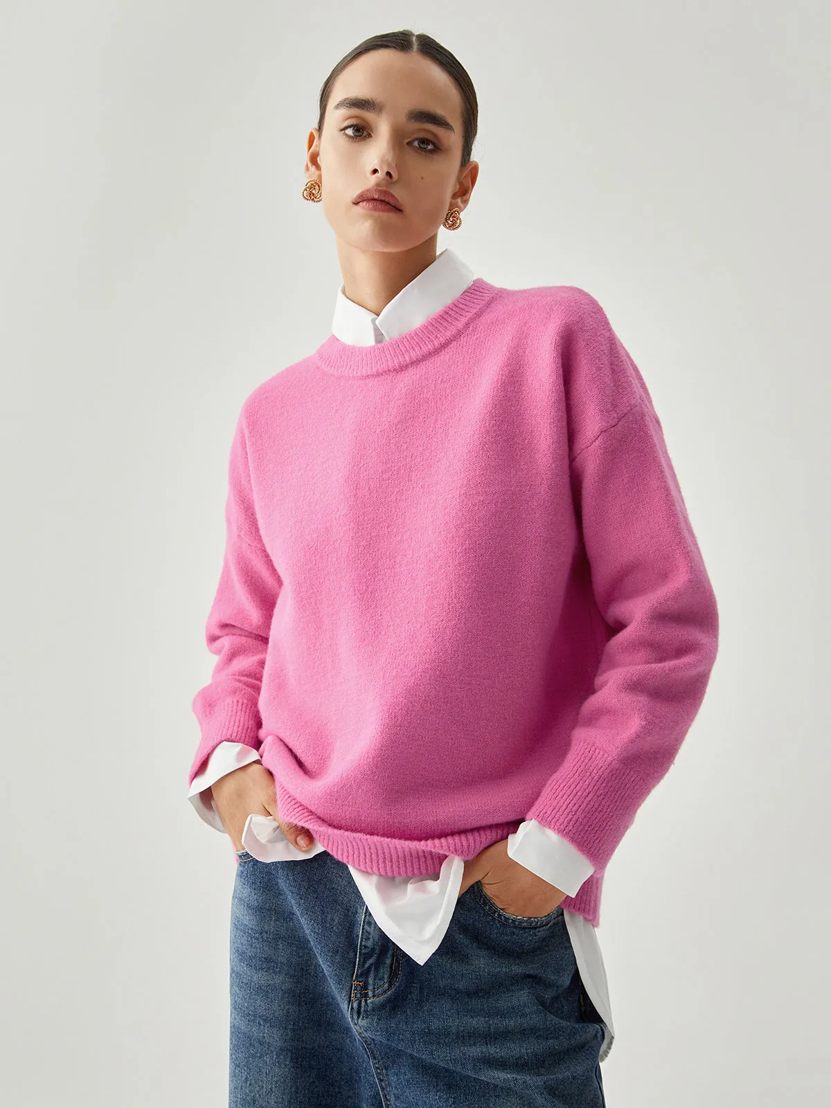 Fuchsia Crew Graceful Neck Knit Sweater