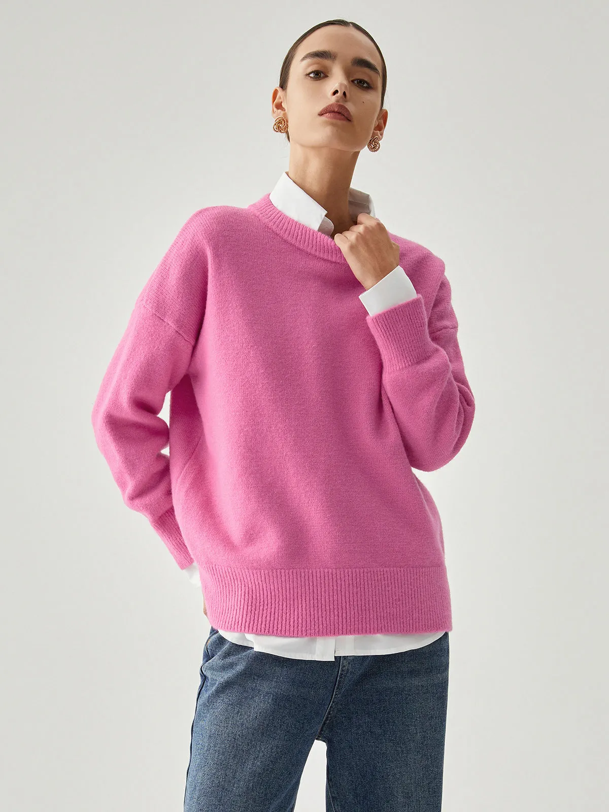 Fuchsia Crew Graceful Neck Knit Sweater