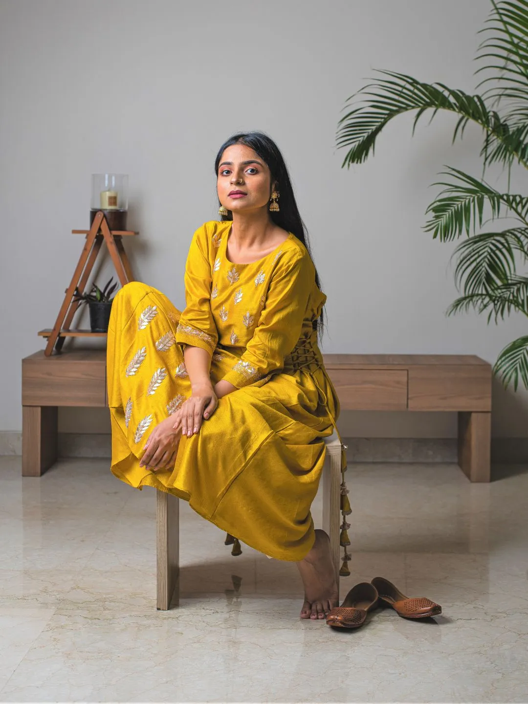 Mustard Silk Gotta Patti Kurta With Pants