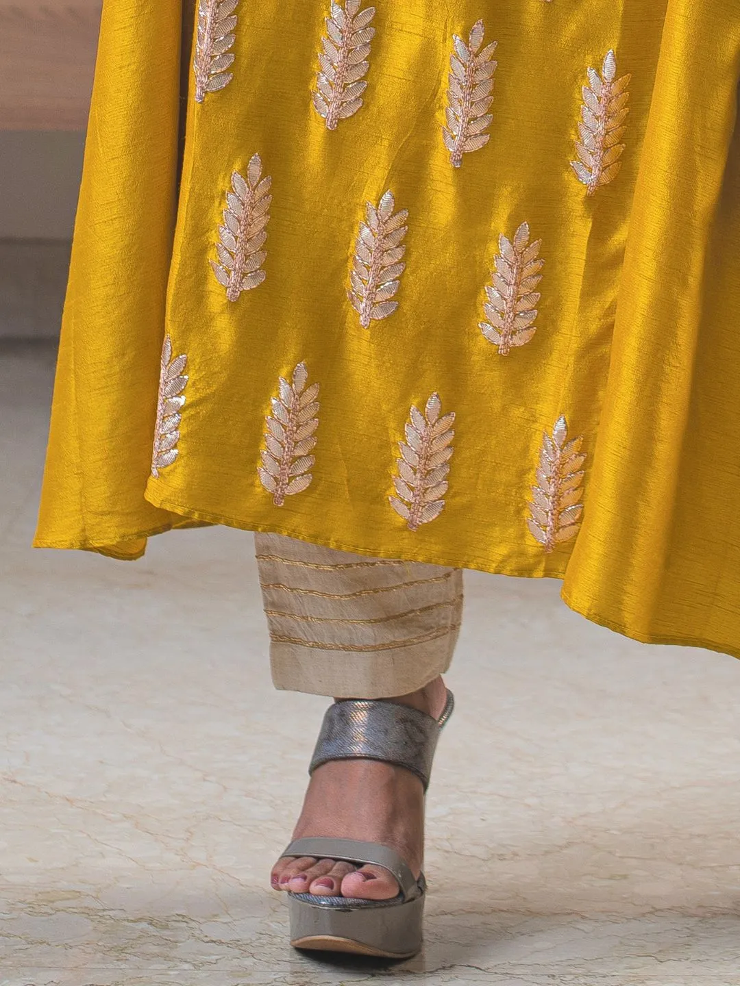 Mustard Silk Gotta Patti Kurta With Pants