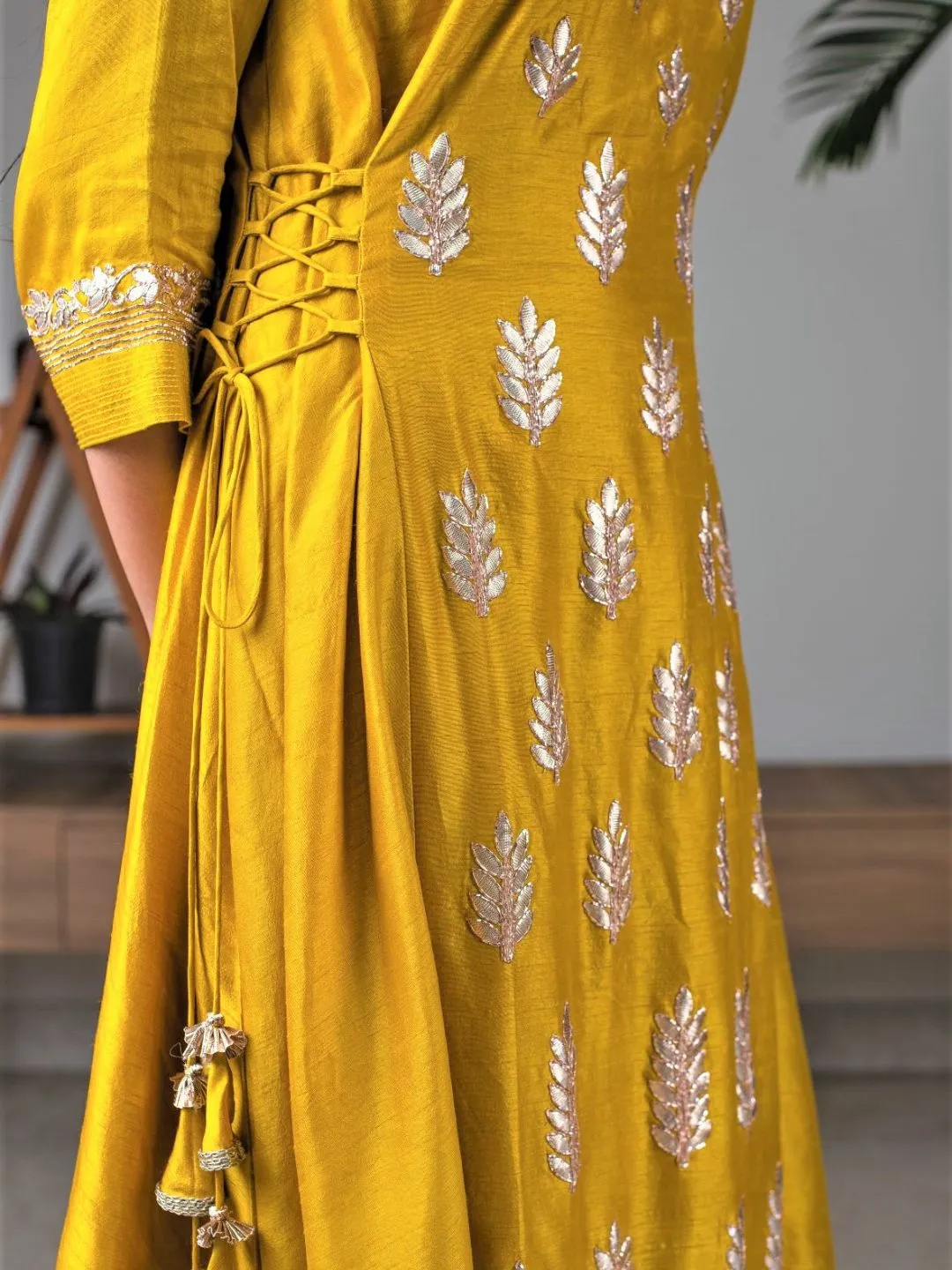 Mustard Silk Gotta Patti Kurta With Pants