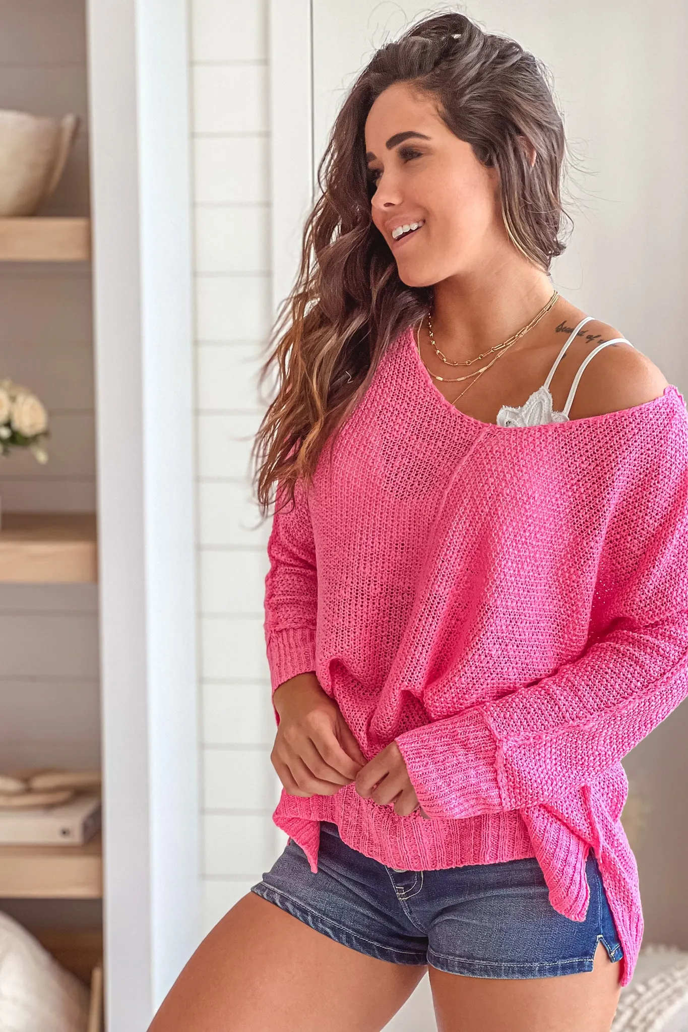 Neon Pink V-Neck Knit Top With Long Sleeves