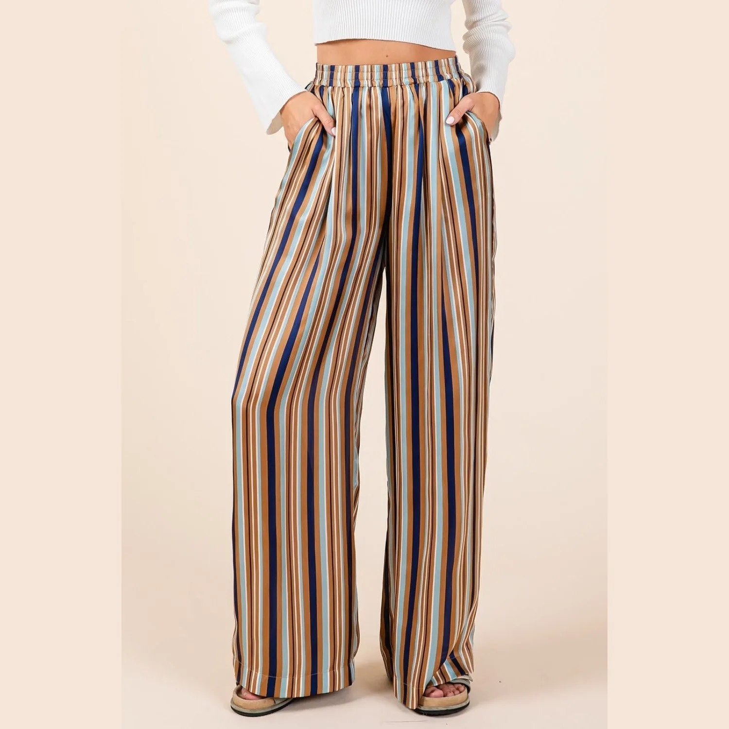 New Me Navy Striped Wide Leg Pants