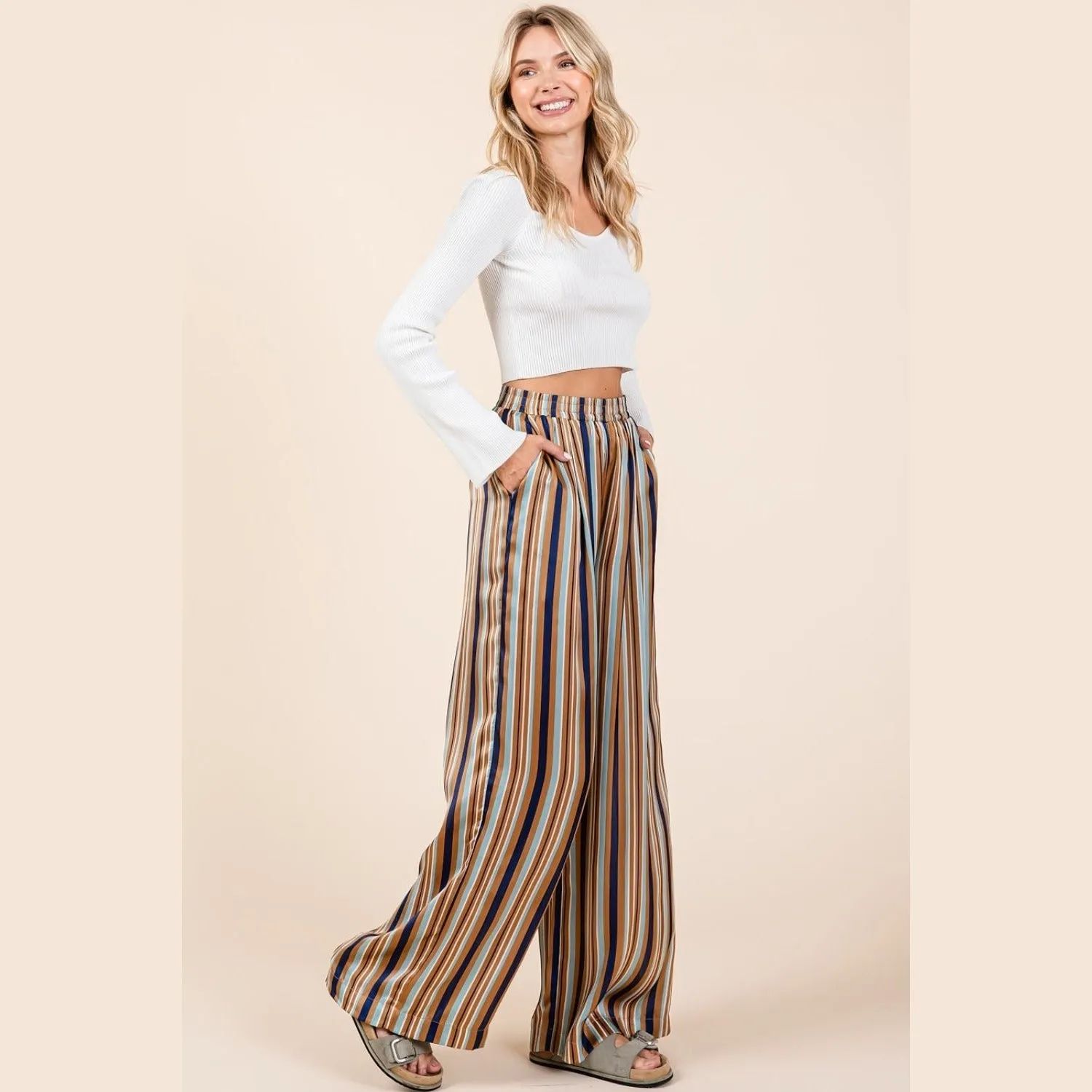 New Me Navy Striped Wide Leg Pants