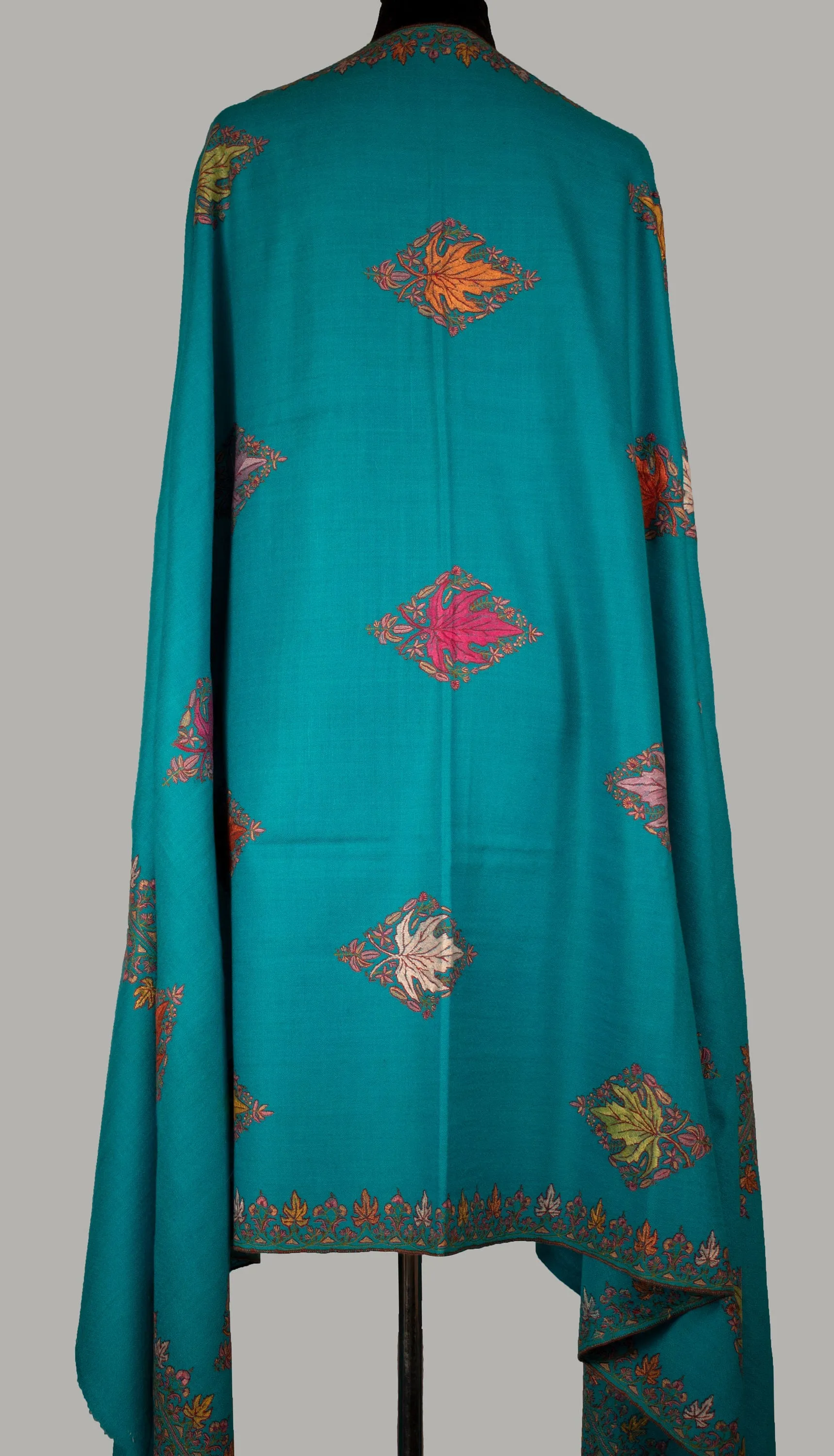 Paper Machie Embroidery Shawl/Wrap Pure Cashmere/Pashmina, Handwoven on Hand loom & Hand Embroided in Kashmir, Luxury, Masterpiece.