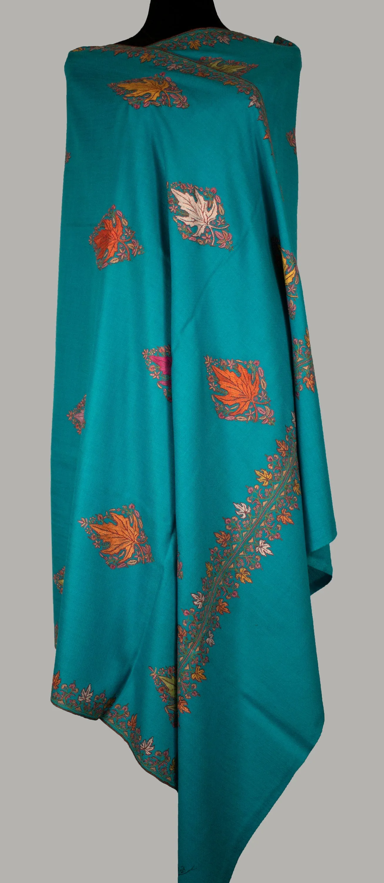 Paper Machie Embroidery Shawl/Wrap Pure Cashmere/Pashmina, Handwoven on Hand loom & Hand Embroided in Kashmir, Luxury, Masterpiece.