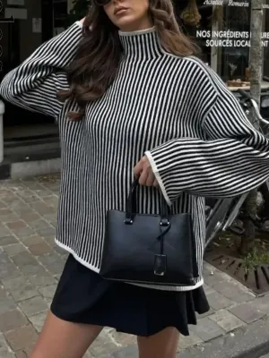 Pinstripe Mock Neck Trendy Contrast Trim Sweater