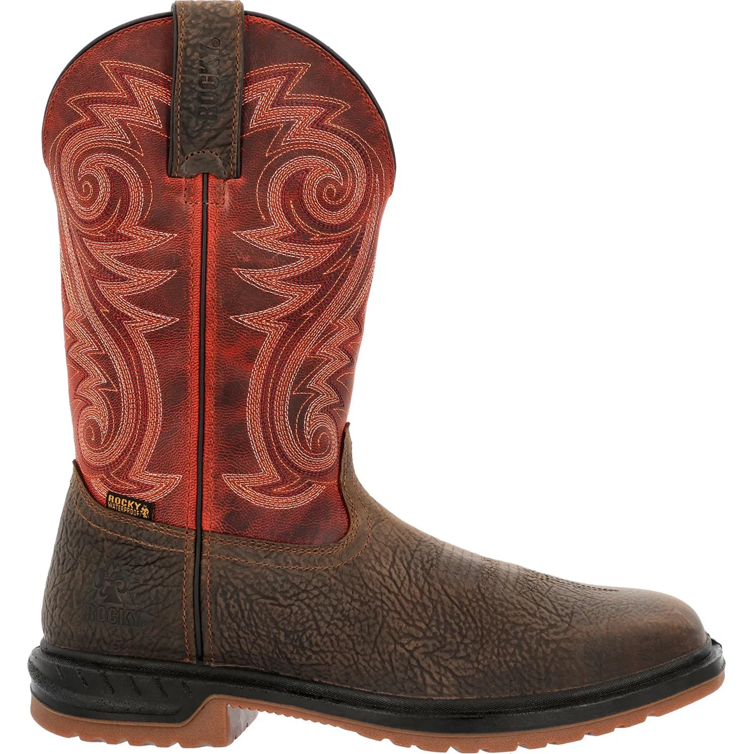 Rocky Mens Red/Dark Brown Leather WorkSmart 11in CT WP Cowboy Boots