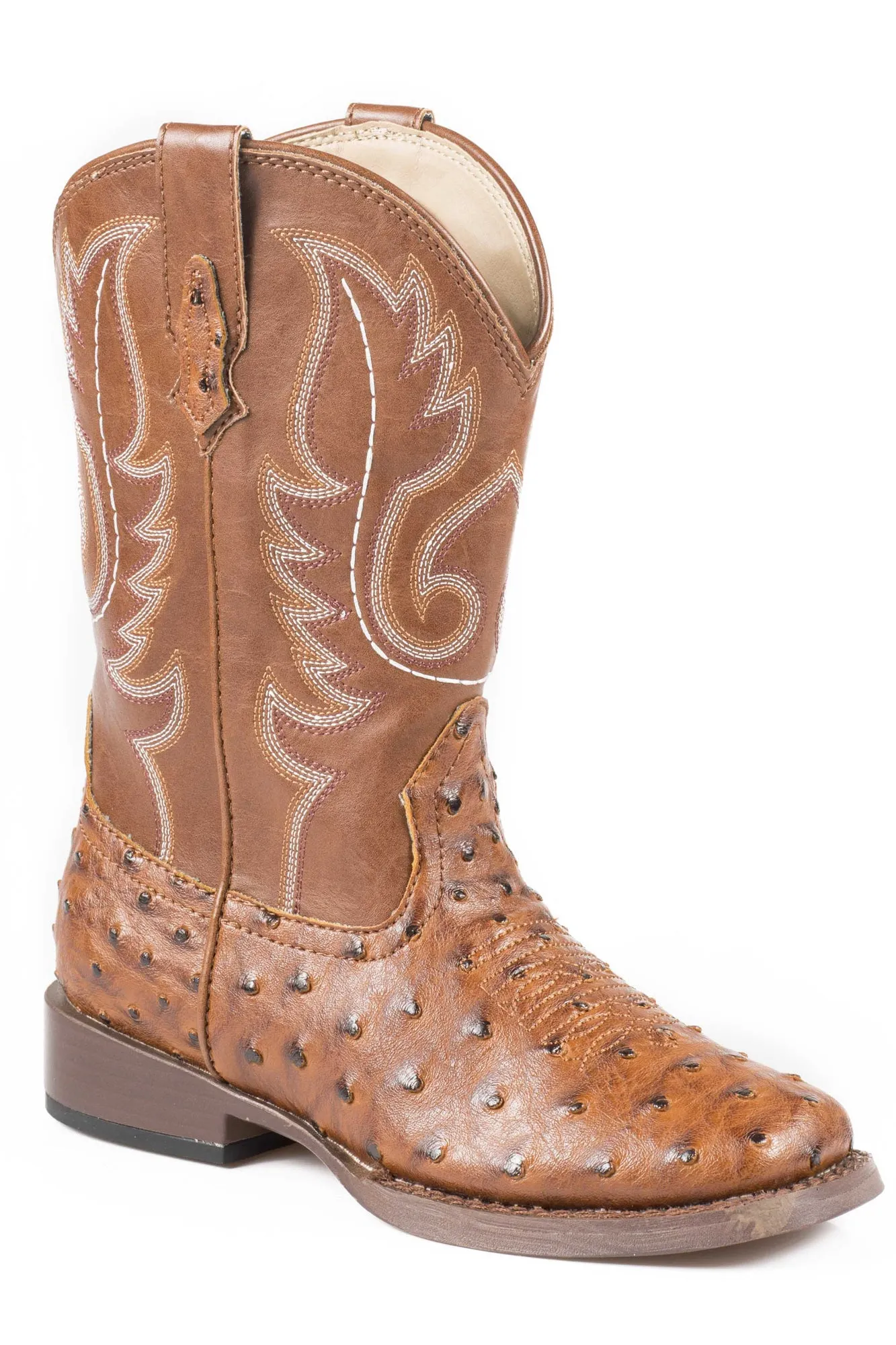 Roper Boots Kids Tan Faux Leather Square Toe Ostrich Bumps Boys Cowboy