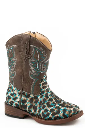 Roper Toddler Girls Turquoise/Brown Faux Leather Leopard Cowboy Boots