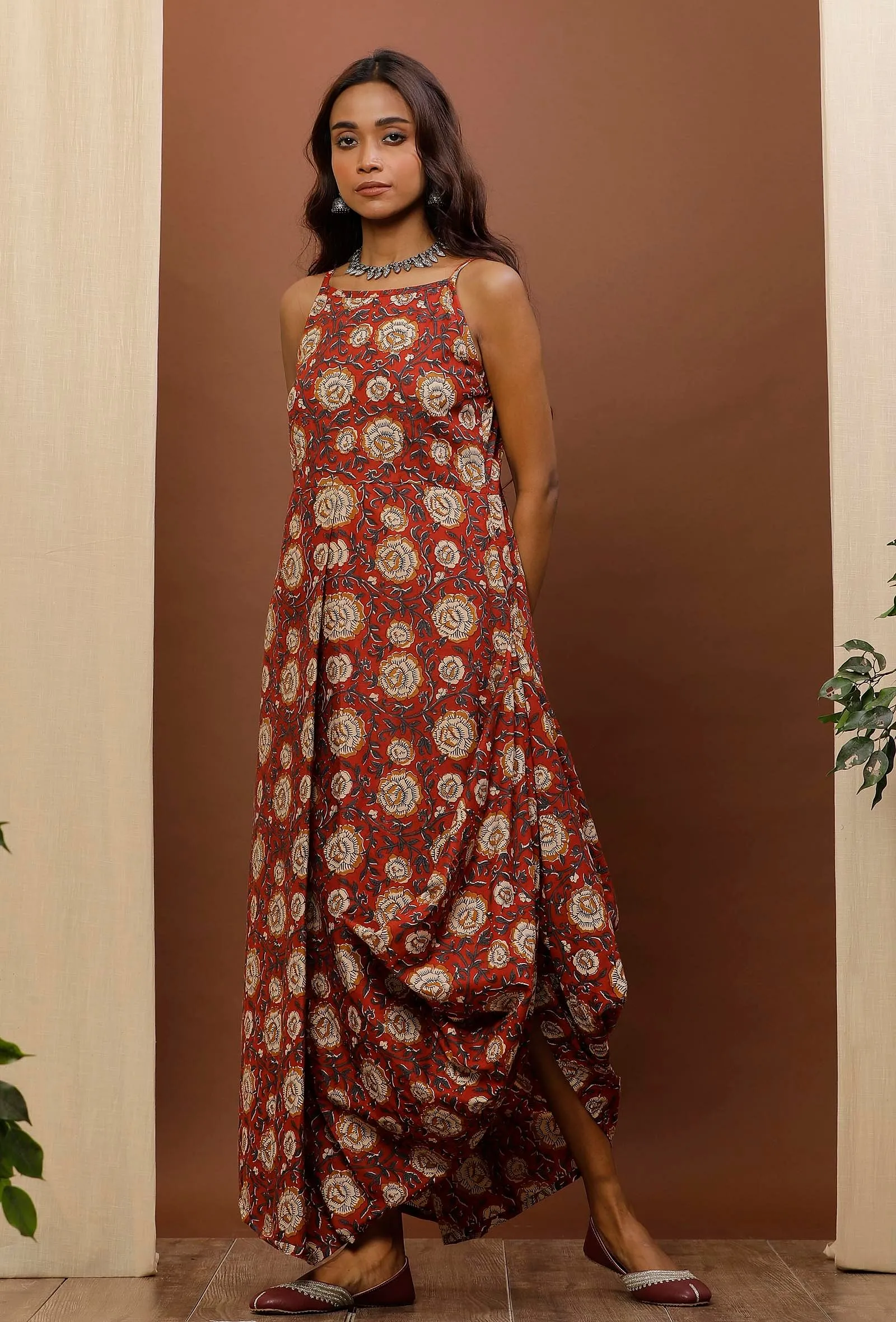 Rust Kalamkari Cowl Cotton Dress