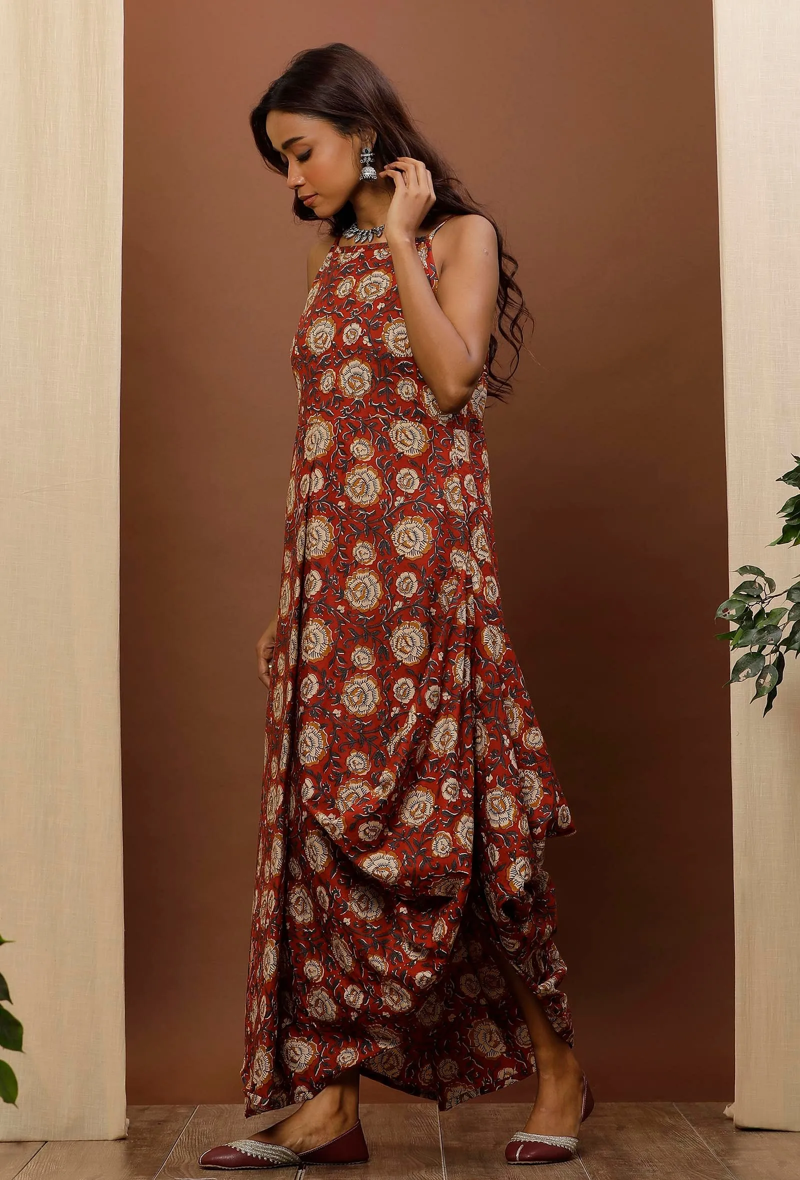 Rust Kalamkari Cowl Cotton Dress