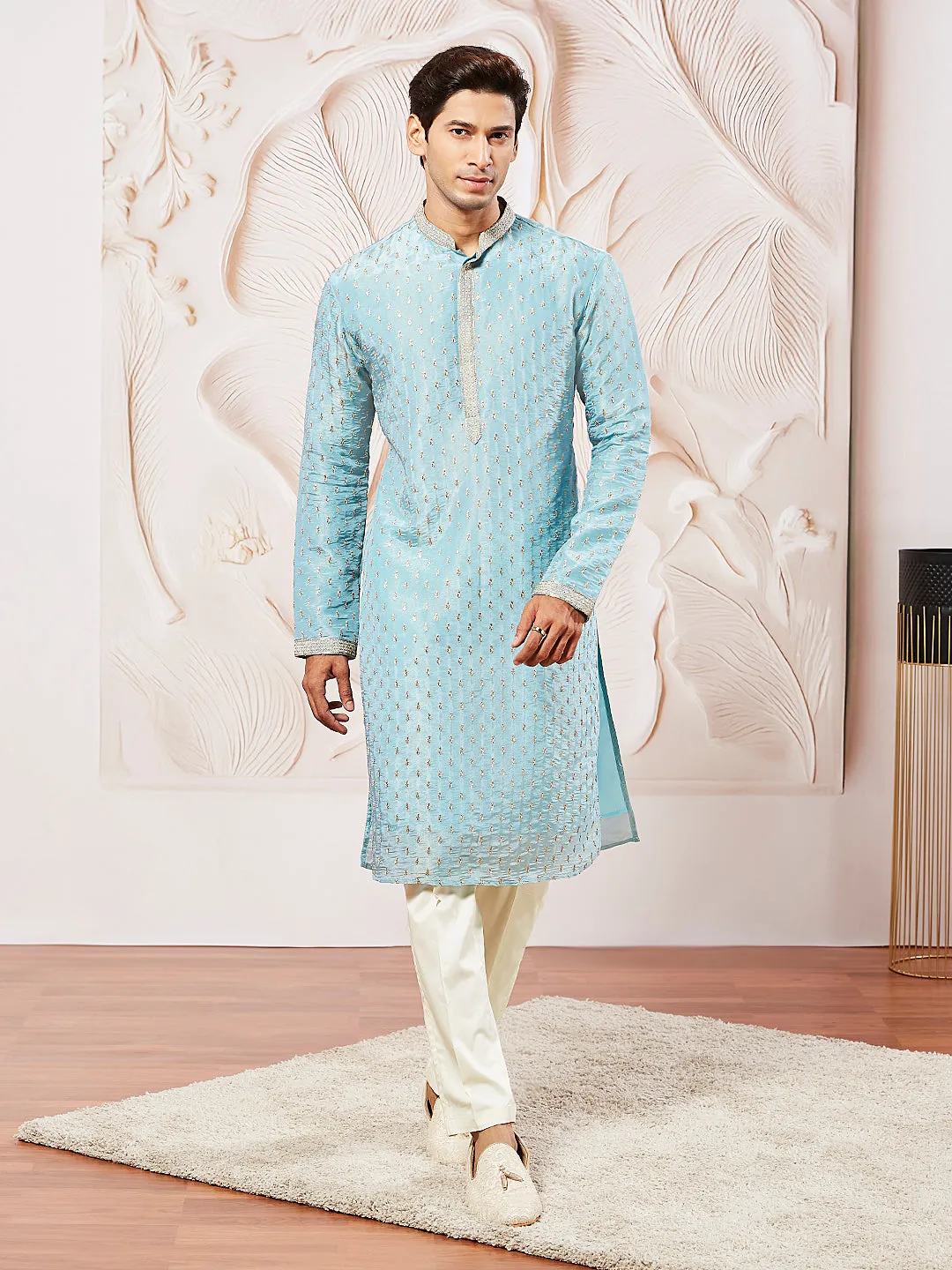 VASTRAMAY Men's Aqua Tissue Silk Kurta Pyjama Set