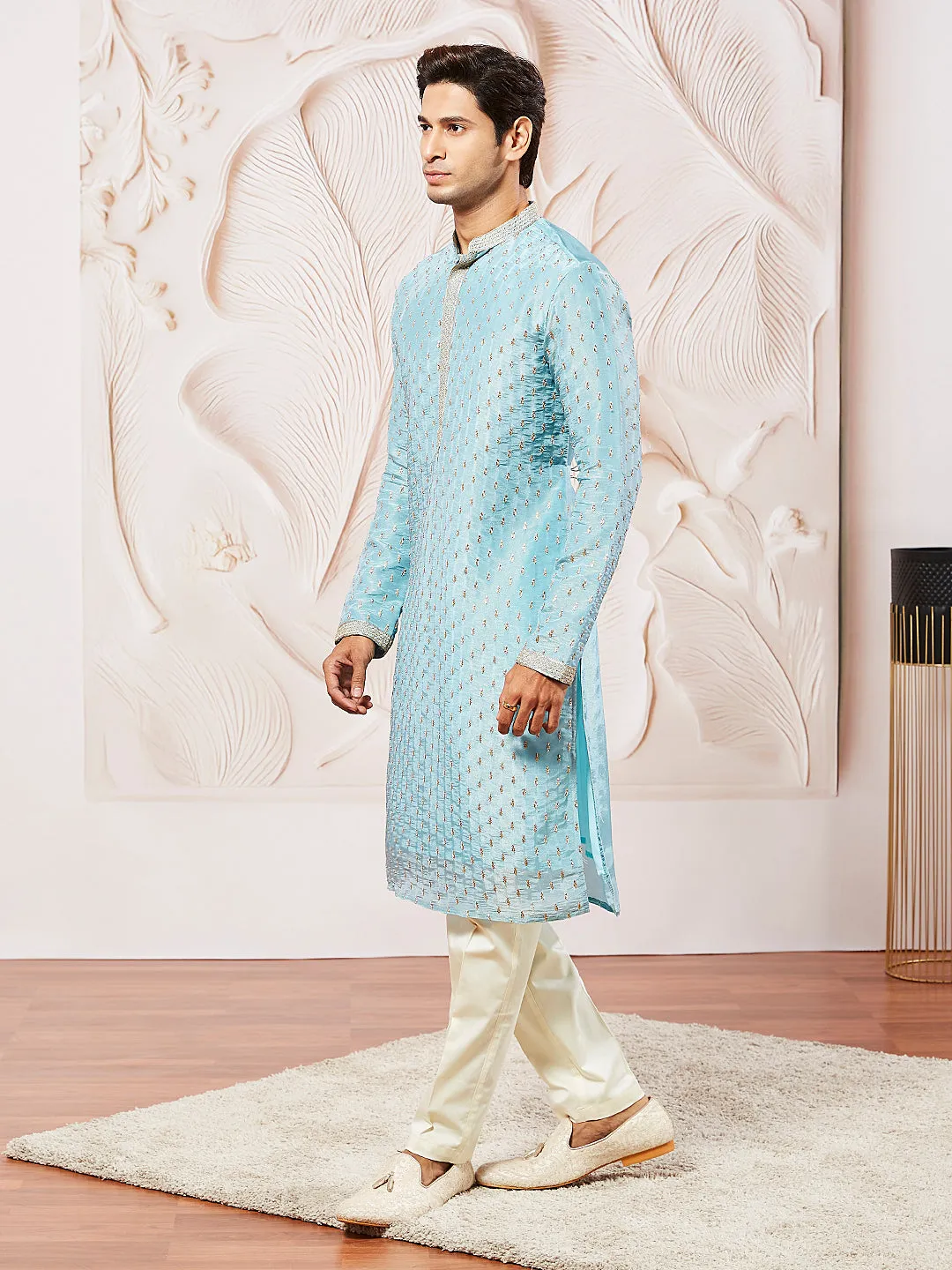 VASTRAMAY Men's Aqua Tissue Silk Kurta Pyjama Set