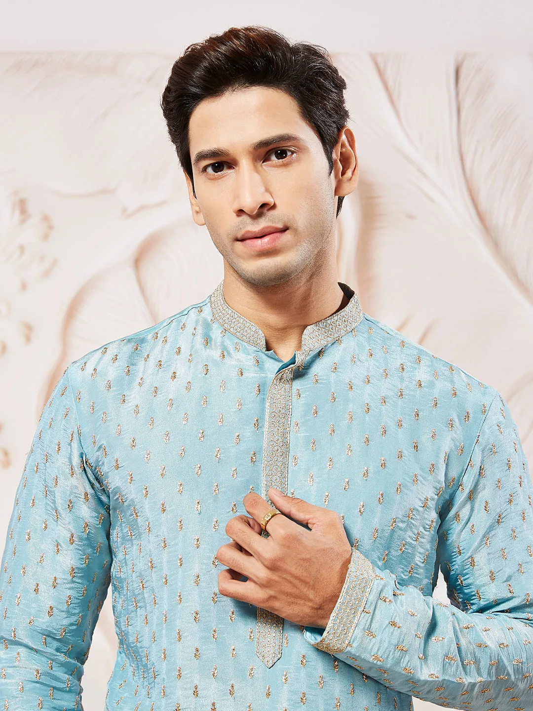 VASTRAMAY Men's Aqua Tissue Silk Kurta Pyjama Set