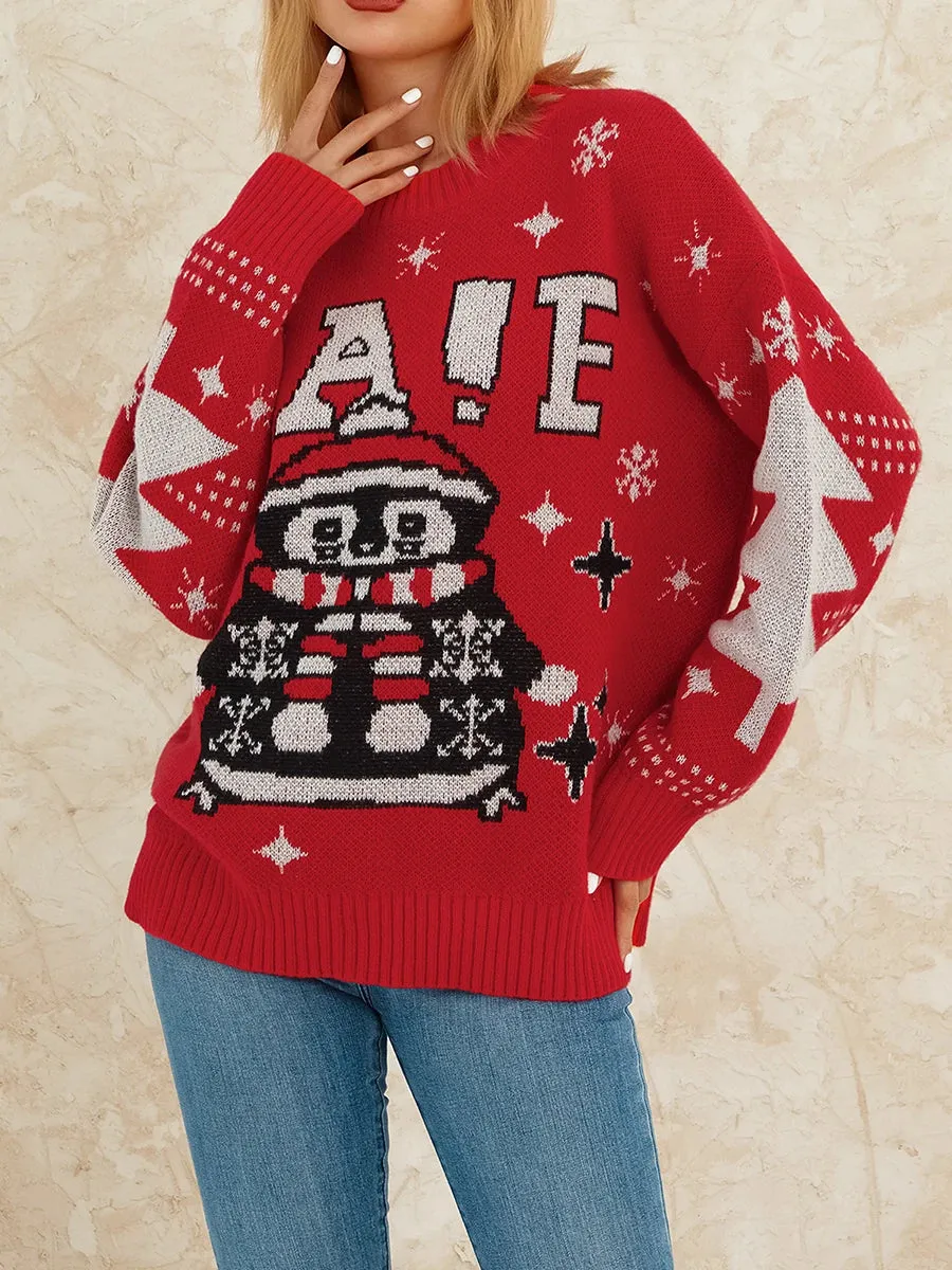 Wenkouban-Christmas Thanksgiving outfits_Reindeer Patterned Crew Neck Long Sleeve Knitwear Rib-Knit Hem Christmas Sweater