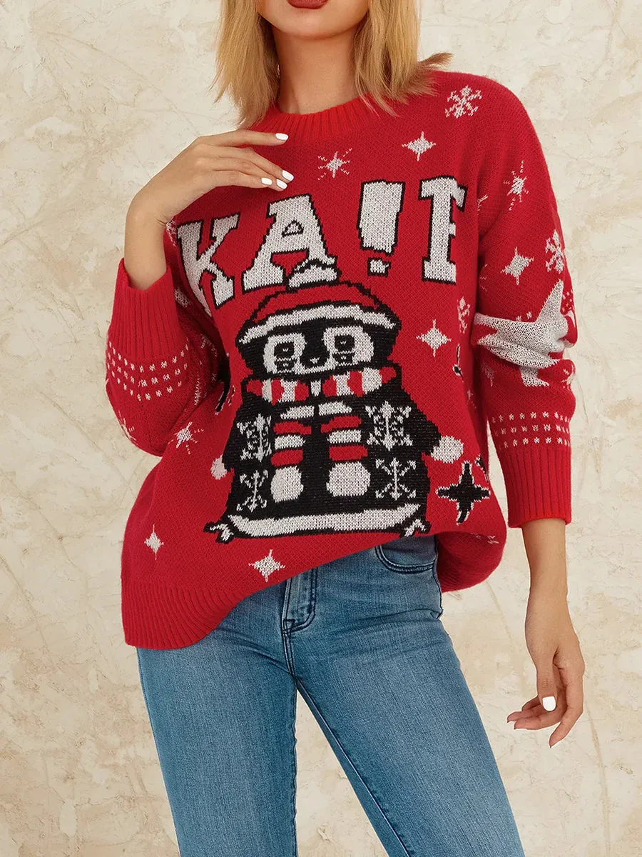 Wenkouban-Christmas Thanksgiving outfits_Reindeer Patterned Crew Neck Long Sleeve Knitwear Rib-Knit Hem Christmas Sweater